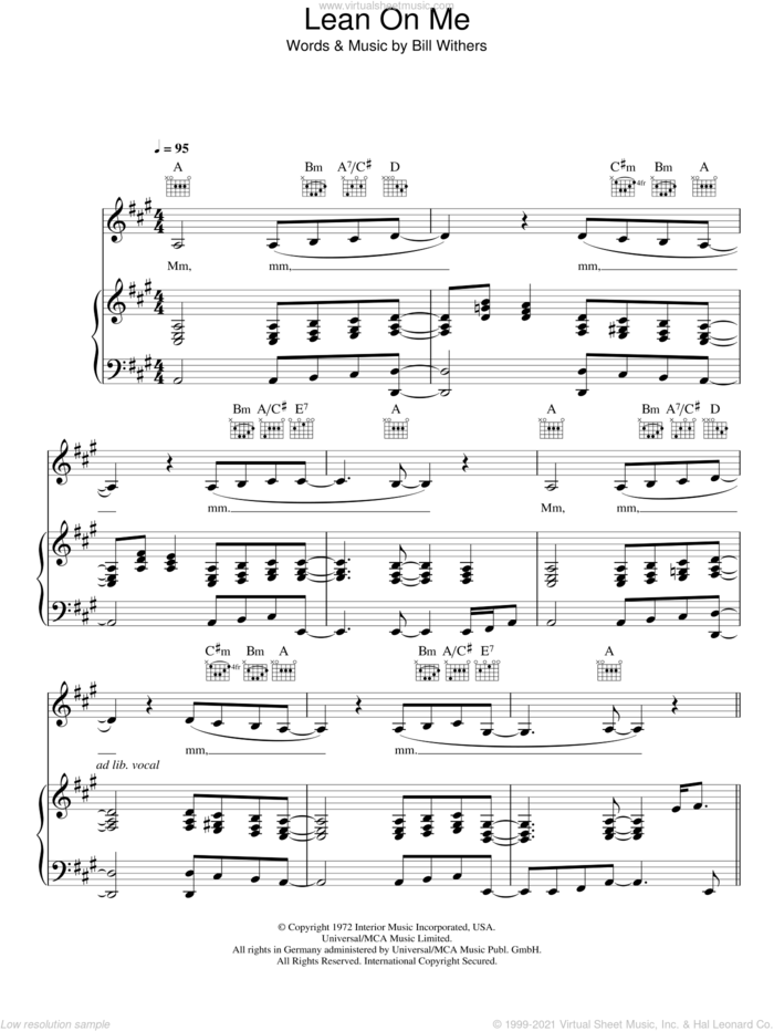 Lean On Me sheet music for voice, piano or guitar by Glee Cast, Miscellaneous and Bill Withers, intermediate skill level