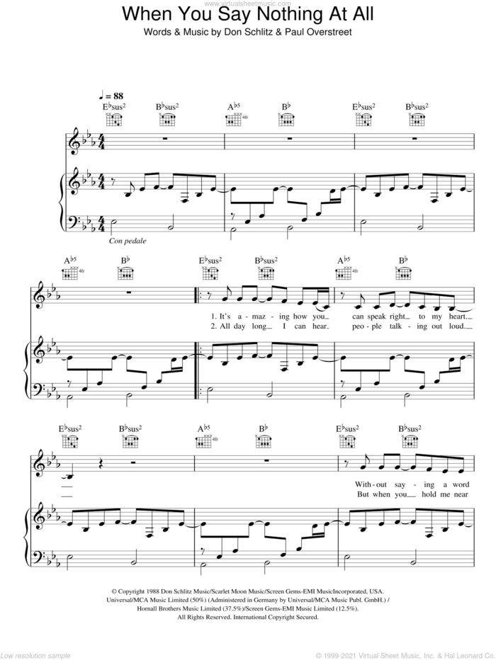 When You Say Nothing At All sheet music for voice, piano or guitar by Alison Krauss, Keith Whitley, Ronan Keating, Don Schlitz and Paul Overstreet, intermediate skill level