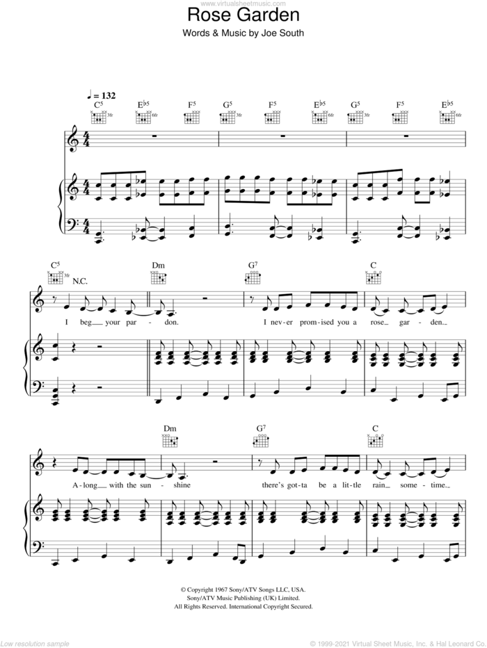 Rose Garden sheet music for voice, piano or guitar by Lynn Anderson and Joe South, intermediate skill level