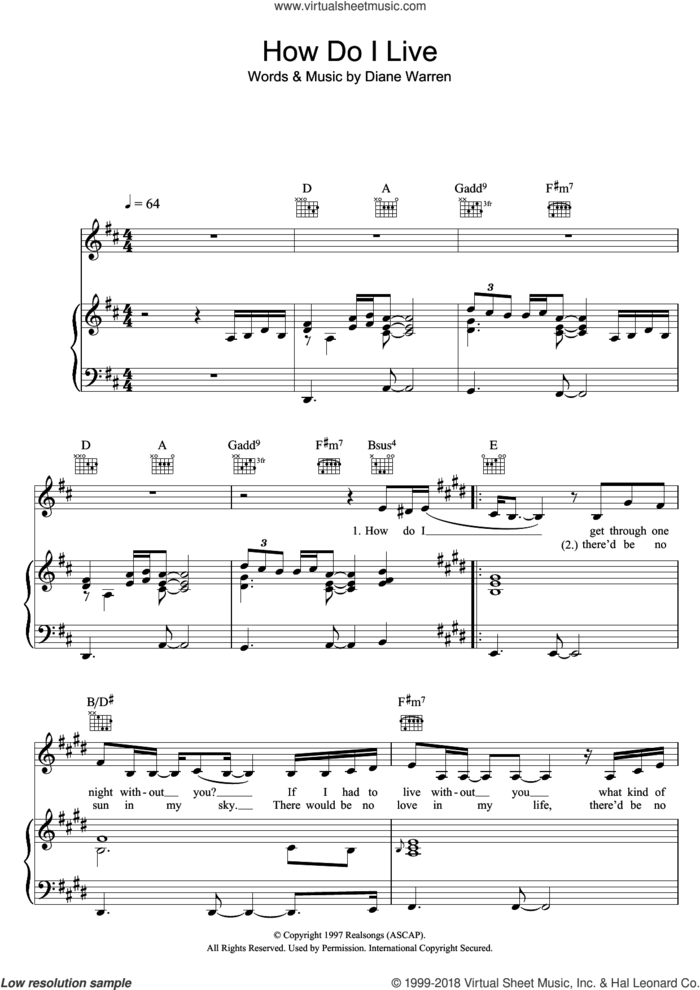 How Do I Live sheet music for voice, piano or guitar by LeAnn Rimes and Diane Warren, intermediate skill level