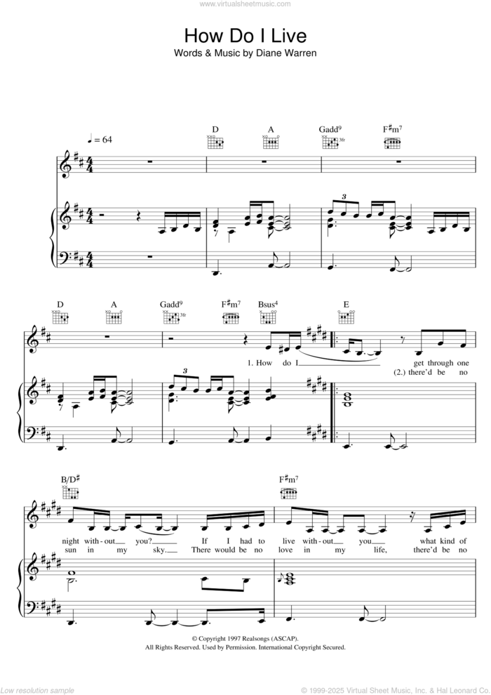 How Do I Live sheet music for voice, piano or guitar by LeAnn Rimes and Diane Warren, intermediate skill level