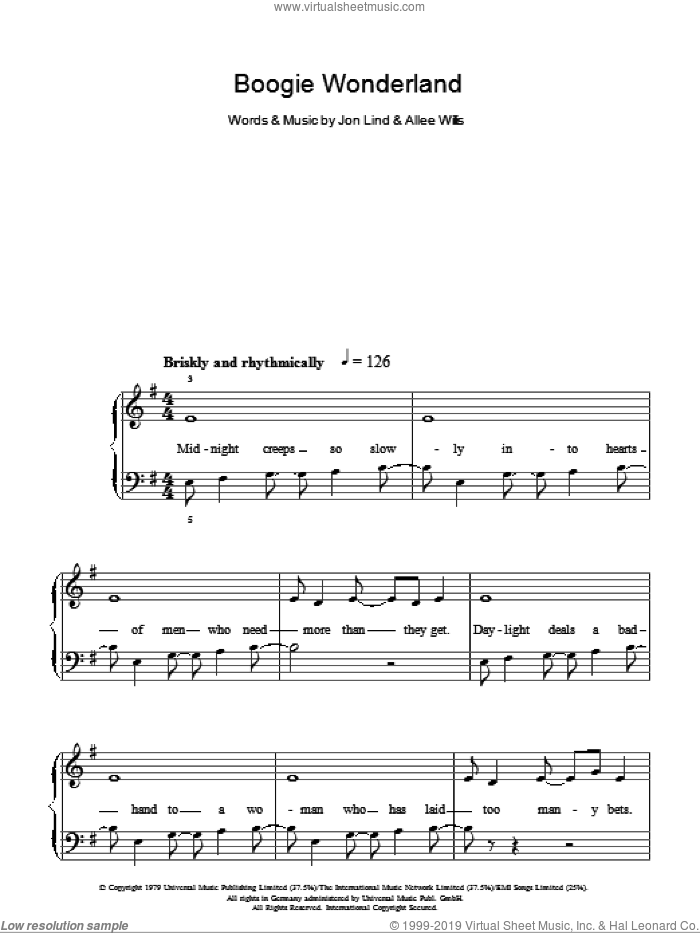 Boogie Wonderland sheet music for piano solo by Earth, Wind & Fire, Allee Willis and Jon Lind, easy skill level
