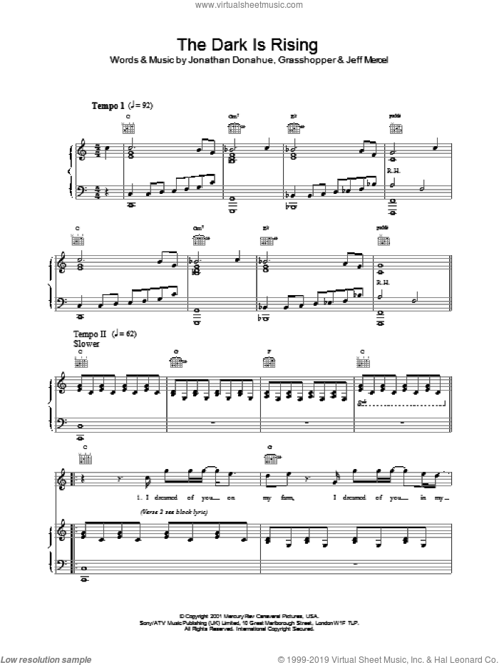 The Dark Is Rising sheet music for voice, piano or guitar by Mercury Rev and Jonathan Donahue, intermediate skill level