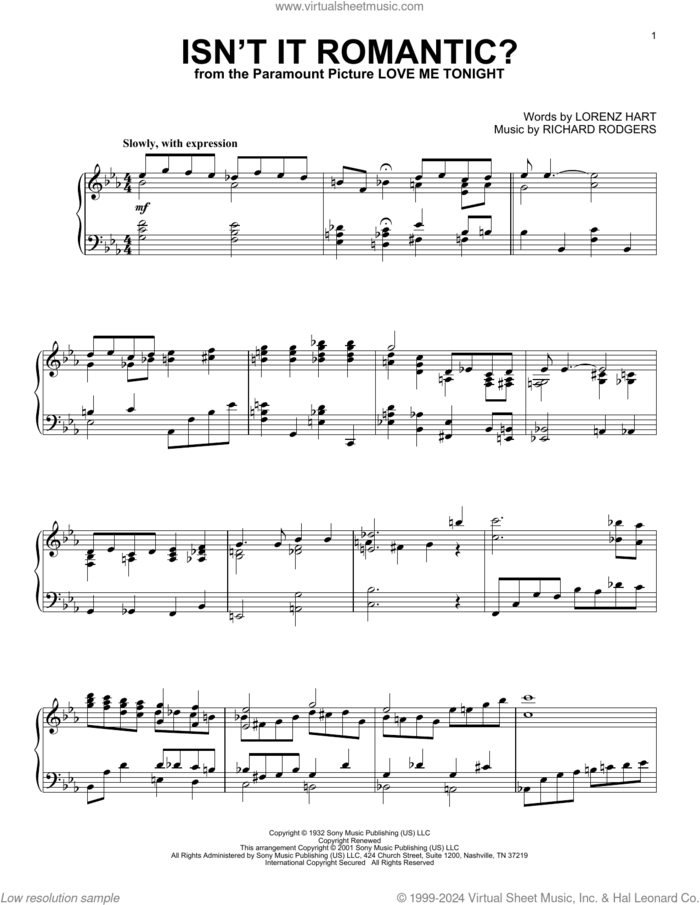 Isn't It Romantic? (arr. Al Lerner) sheet music for piano solo by Rodgers & Hart, Alan Jay Lerner, Shirley Horn, Lorenz Hart and Richard Rodgers, intermediate skill level