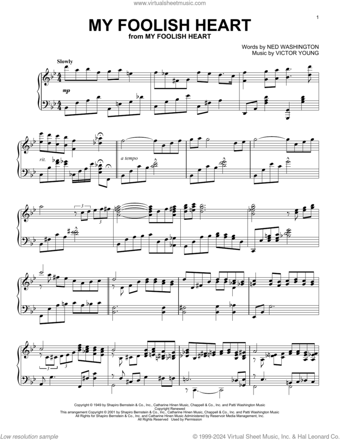 My Foolish Heart (arr. Al Lerner) sheet music for piano solo by Ned Washington, Alan Jay Lerner, Demensions and Victor Young, intermediate skill level