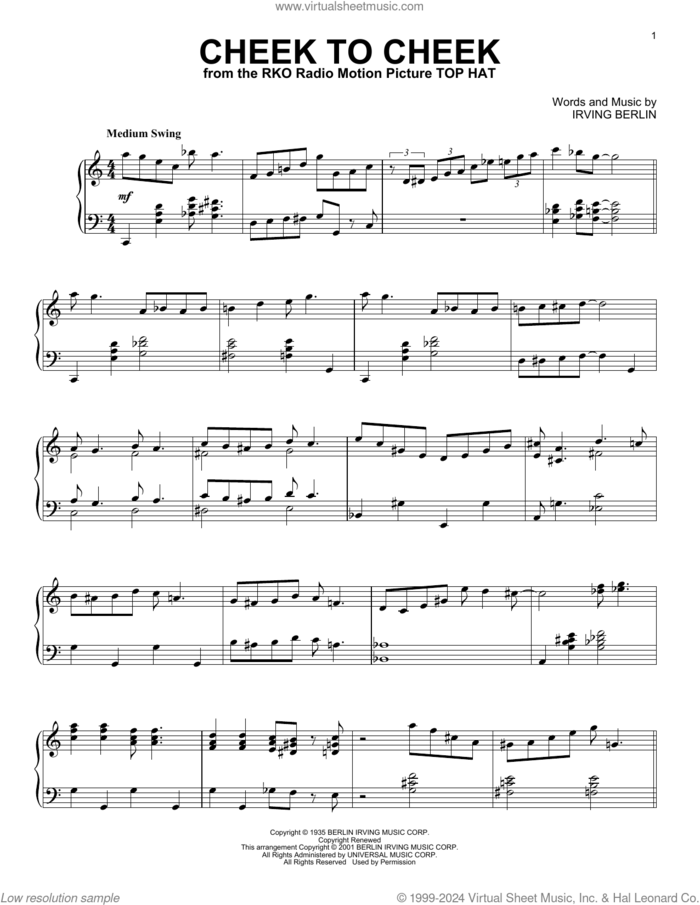Cheek To Cheek (arr. Al Lerner) sheet music for piano solo by Irving Berlin, Alan Jay Lerner and Fred Astaire, intermediate skill level