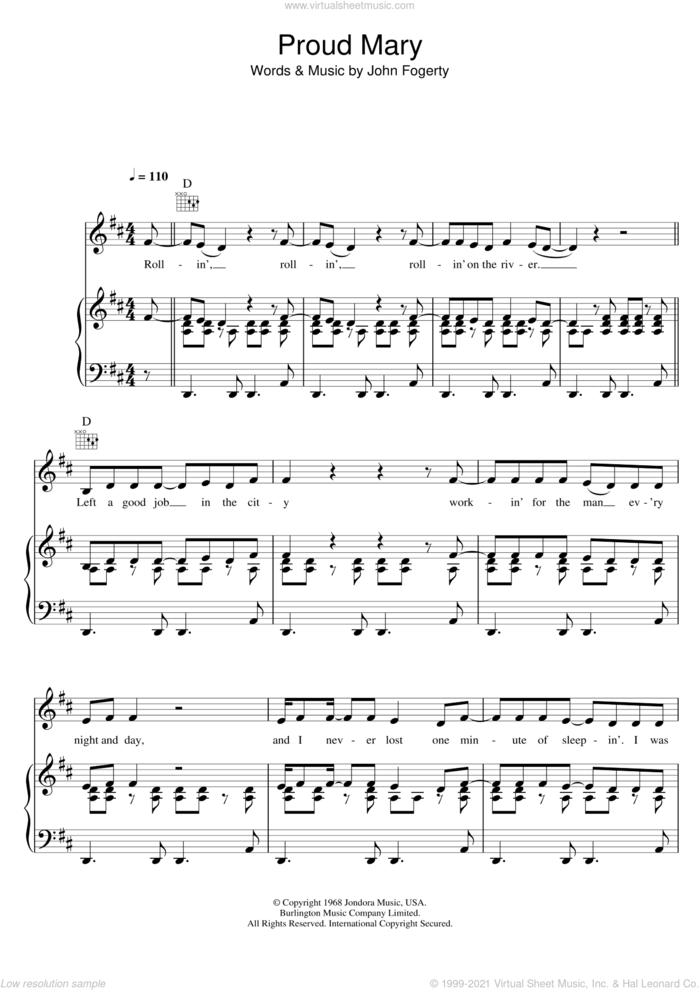 Proud Mary sheet music for voice, piano or guitar by Glee Cast, Creedence Clearwater Revival, Miscellaneous and John Fogerty, intermediate skill level