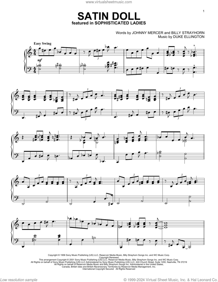 Satin Doll (arr. Al Lerner) sheet music for piano solo by Duke Ellington, Alan Jay Lerner, Billy Strayhorn and Johnny Mercer, intermediate skill level