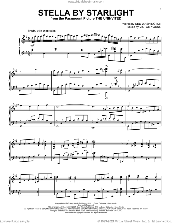 Stella By Starlight (arr. Al Lerner) sheet music for piano solo by Ned Washington, Alan Jay Lerner, Ray Charles and Victor Young, intermediate skill level