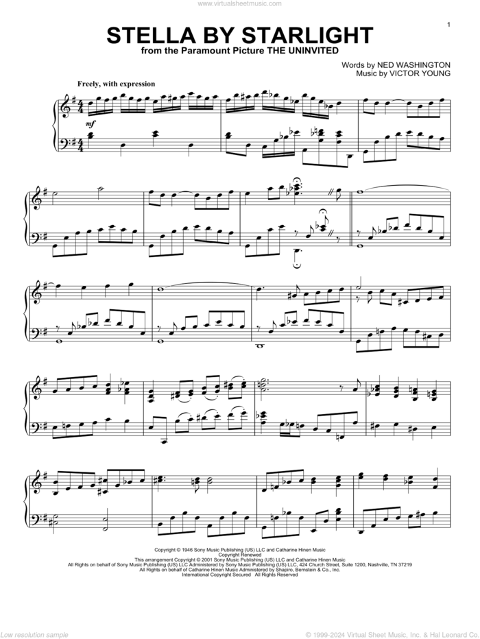 Stella By Starlight (arr. Al Lerner) sheet music for piano solo by Ned Washington, Alan Jay Lerner, Ray Charles and Victor Young, intermediate skill level