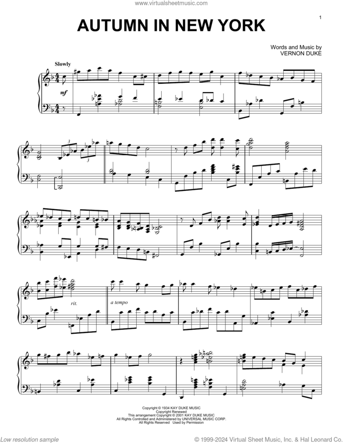 Autumn In New York (arr. Al Lerner) sheet music for piano solo by Vernon Duke, Alan Jay Lerner, Bud Powell and Jo Stafford, intermediate skill level