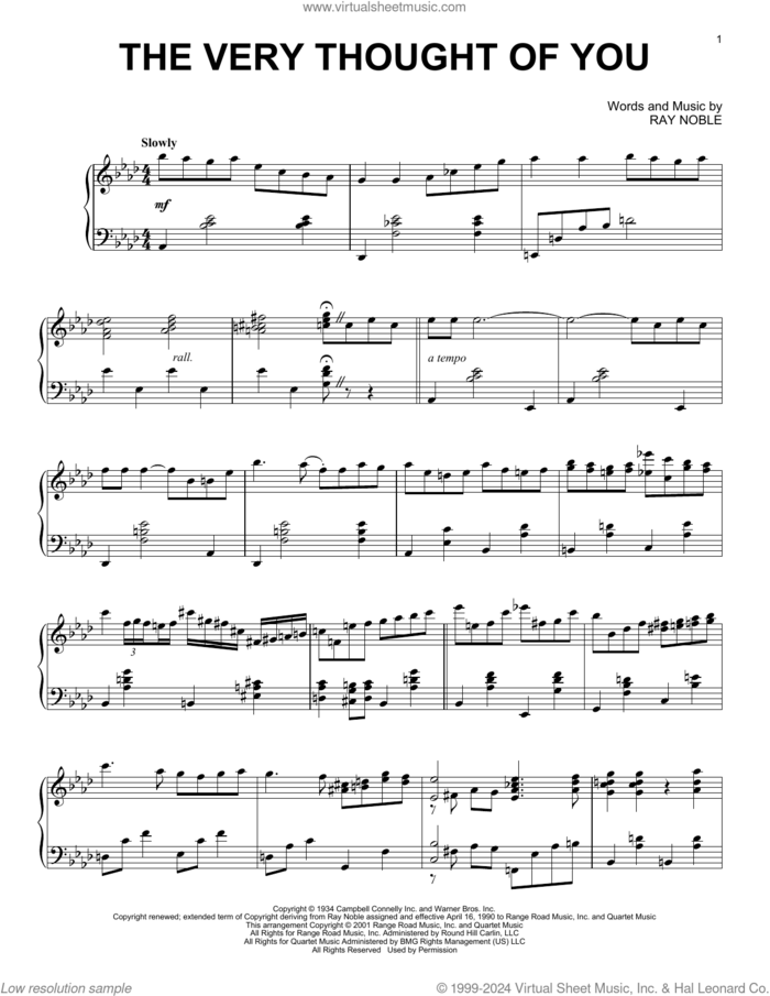 The Very Thought Of You (arr. Al Lerner) sheet music for piano solo by Ray Noble, Alan Jay Lerner, Frank Sinatra, Kate Smith, Nat King Cole, Ray Conniff and Ricky Nelson, intermediate skill level