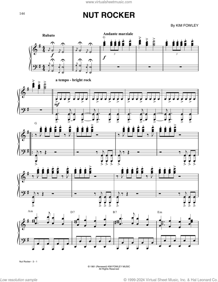 Nut Rocker sheet music for piano solo by B. Bumble & The Stingers, Kim Fowley and Pyotr Ilyich Tchaikovsky, classical score, intermediate skill level