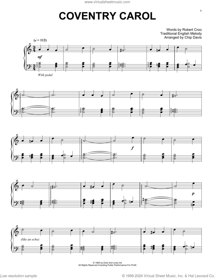 Coventry Carol sheet music for piano solo by Mannheim Steamroller, Chip Davis, Miscellaneous and Robert Croo, intermediate skill level