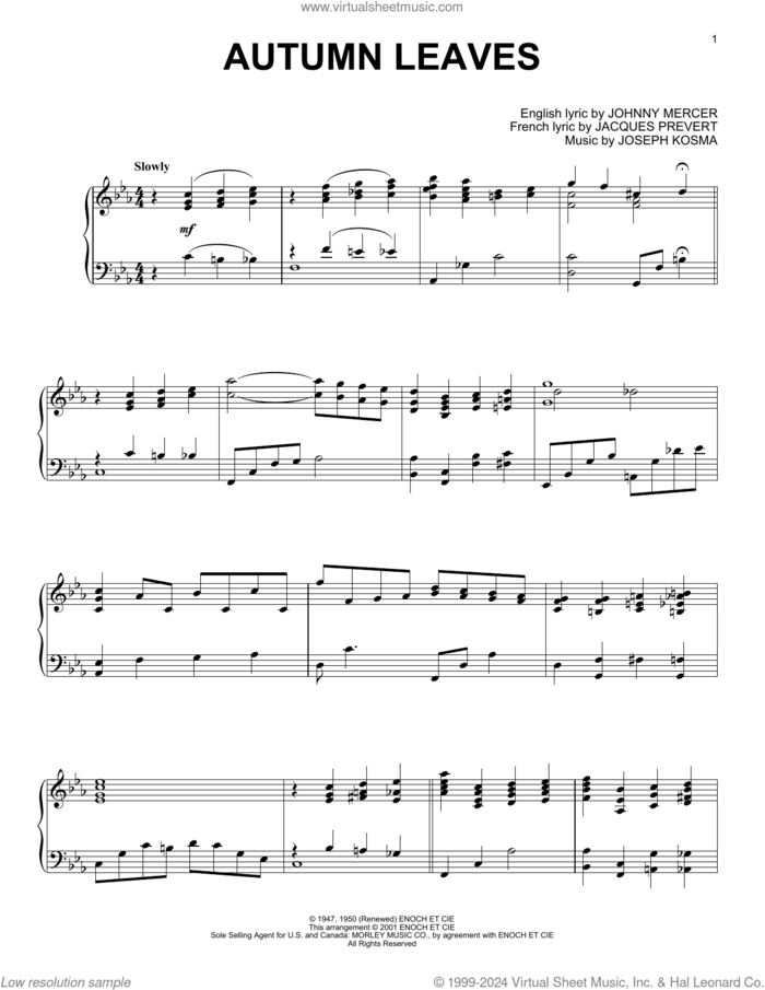 Autumn Leaves (arr. Al Lerner) sheet music for piano solo by Johnny Mercer, Alan Jay Lerner, Mitch Miller, Roger Williams, Steve Allen & George Cates, Jacques Prevert and Joseph Kosma, intermediate skill level