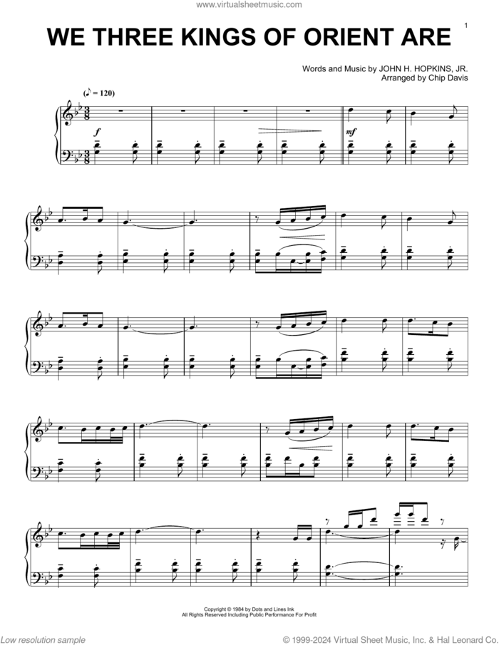 We Three Kings Of Orient Are sheet music for piano solo by Mannheim Steamroller, Chip Davis and John H. Hopkins, Jr., intermediate skill level