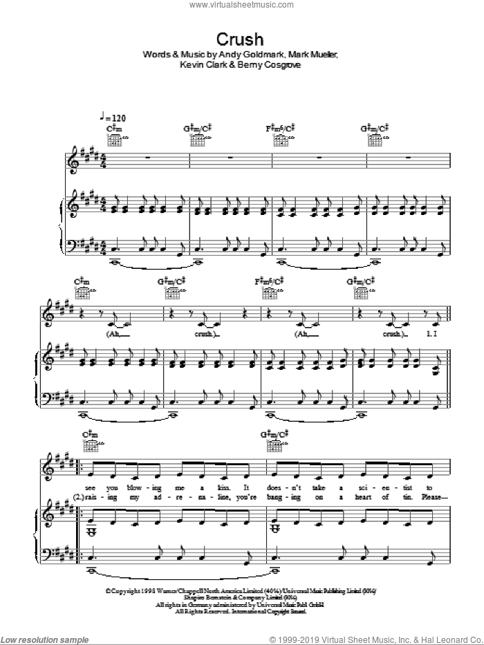 Crush sheet music for voice, piano or guitar by Glee Cast, Jennifer Paige, Miscellaneous, Andy Goldmark, Berny Cosgrove, Kevin Clark and Mark Mueller, intermediate skill level
