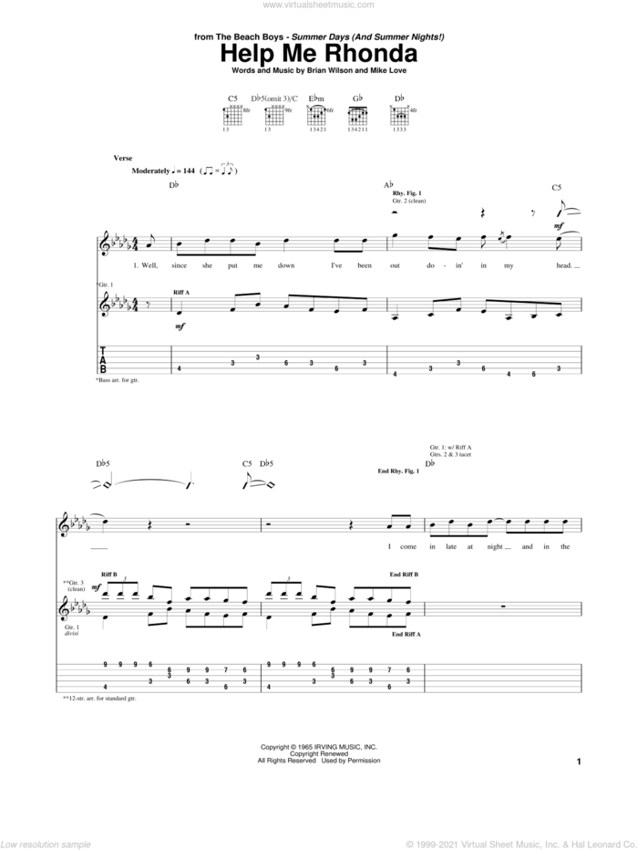 Help Me Rhonda sheet music for guitar (tablature) by The Beach Boys, Brian Wilson and Mike Love, intermediate skill level