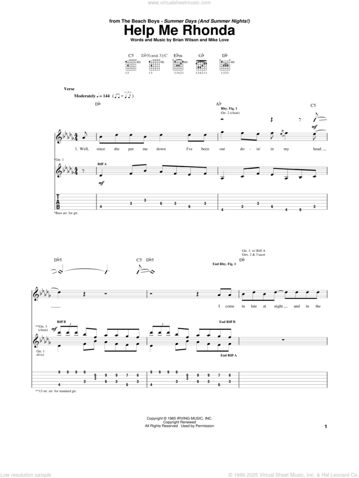 Help Me Rhonda sheet music for guitar (tablature) by The Beach Boys, Brian Wilson and Mike Love, intermediate skill level