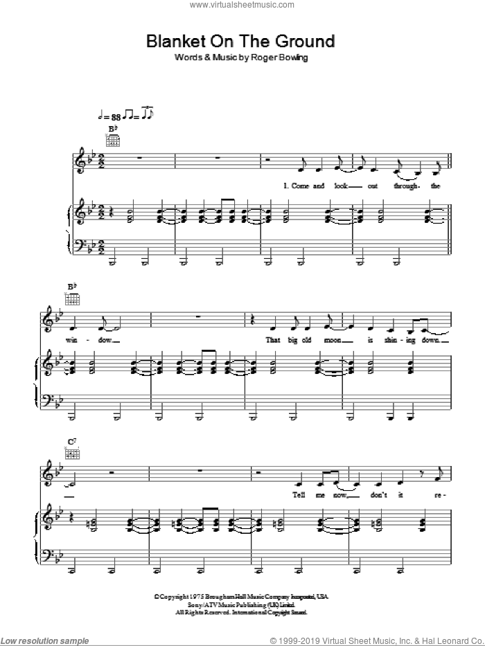 Blanket On The Ground sheet music for voice, piano or guitar by Billie Jo Spears and Roger Bowling, intermediate skill level