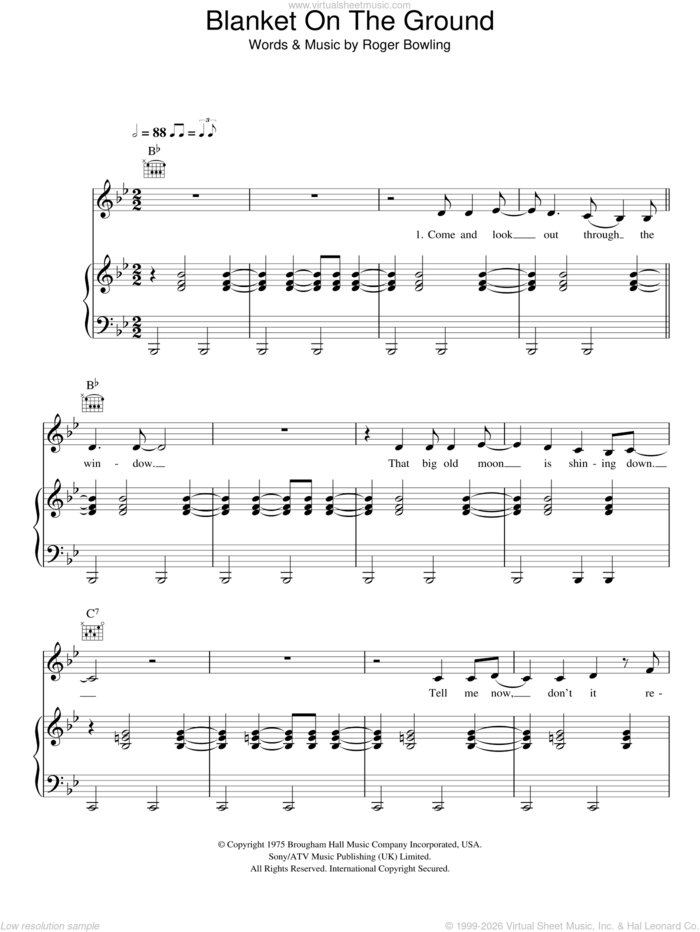 Blanket On The Ground sheet music for voice, piano or guitar by Billie Jo Spears and Roger Bowling, intermediate skill level