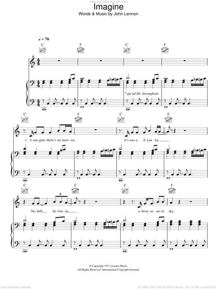 Imagine sheet music for voice, piano or guitar by Glee Cast, Miscellaneous and John Lennon, intermediate skill level