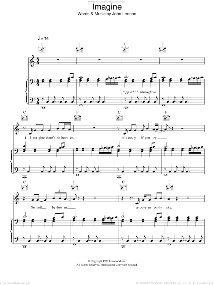 Imagine sheet music for voice, piano or guitar by Glee Cast, Miscellaneous and John Lennon, intermediate skill level