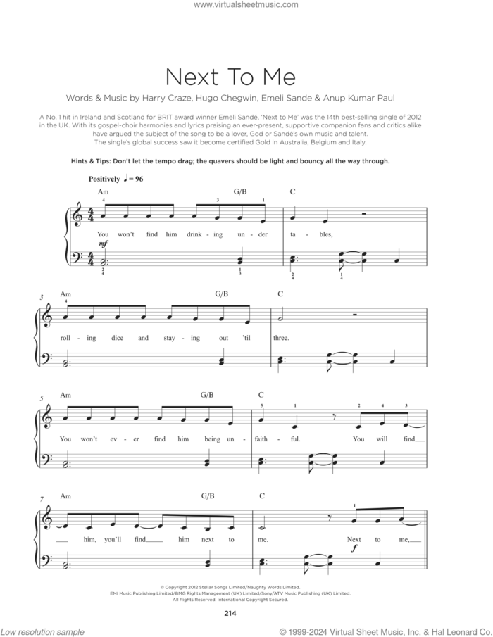 Next To Me sheet music for piano solo by Emeli Sande, Harry Craze, Hugo Chegwin and Paul Anup, beginner skill level