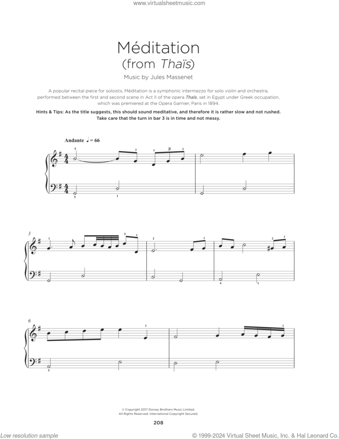 Meditation (from Thais) sheet music for piano solo by Jules Massenet, classical score, beginner skill level