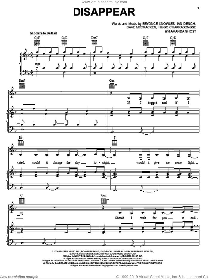 Disappear sheet music for voice, piano or guitar by Beyonce, Amanda Ghost, Dave McCracken, Hugo Chakrabongse and Ian Dench, intermediate skill level