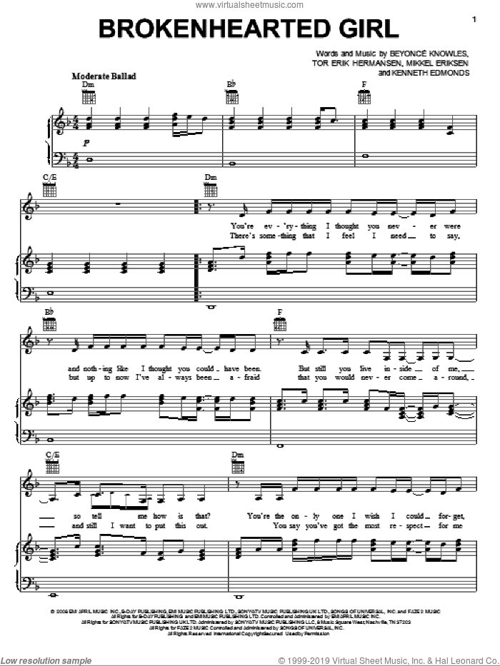 Broken-Hearted Girl sheet music for voice, piano or guitar by Beyonce, Kenneth Edmonds, Mikkel Eriksen and Tor Erik Hermansen, intermediate skill level