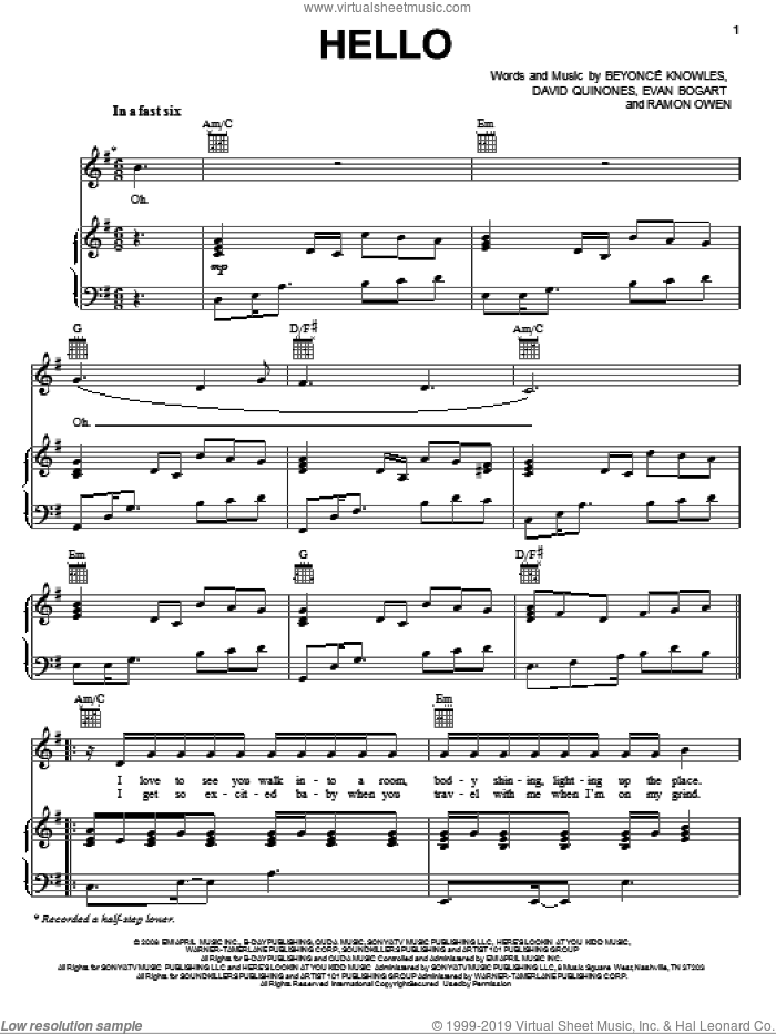 Hello sheet music for voice, piano or guitar by Beyonce, David Quinones, Evan Bogart and Ramon Owen, intermediate skill level