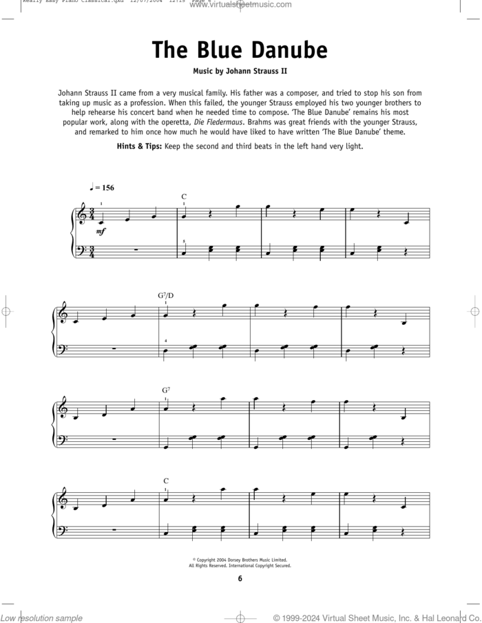 The Beautiful Blue Danube, Op. 314 sheet music for piano solo by Johann Strauss, Jr., classical score, beginner skill level