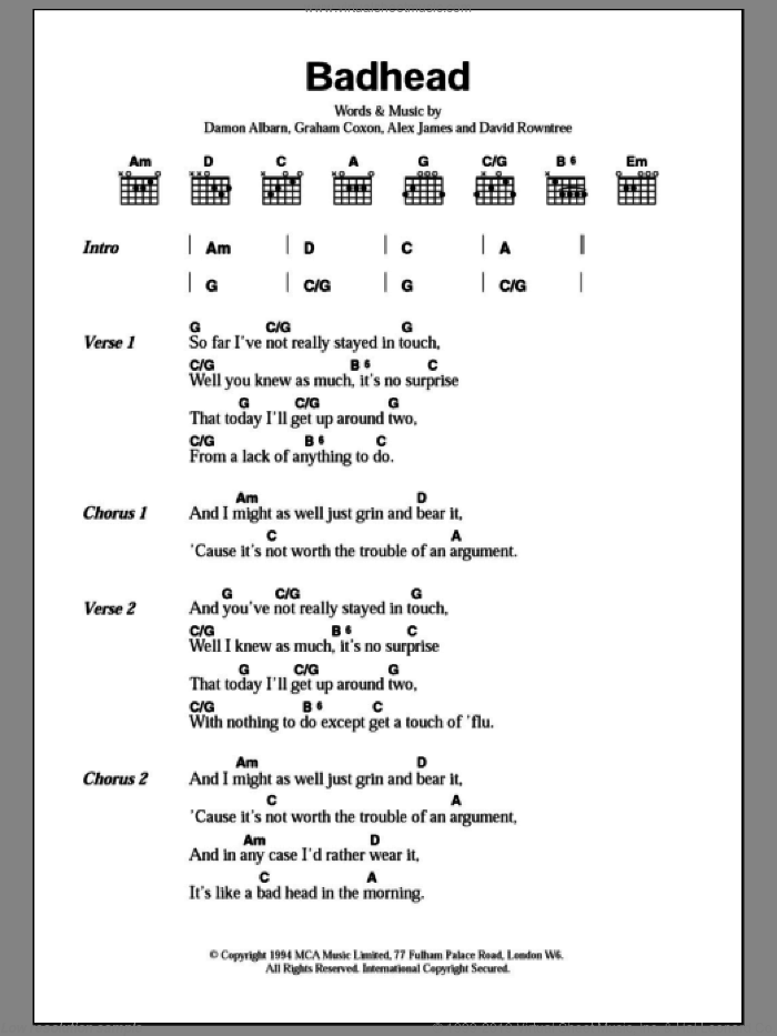 Badhead sheet music for guitar (chords) by Blur, Alex James, Damon Albarn, David Rowntree and Graham Coxon, intermediate skill level