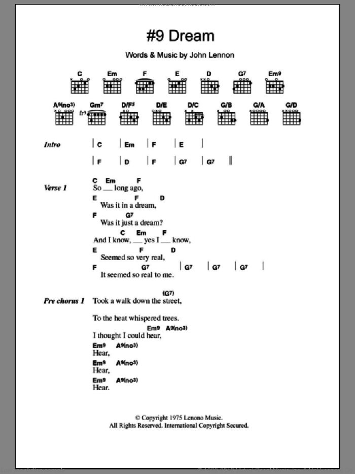 #9 Dream sheet music for guitar (chords) by John Lennon, intermediate skill level