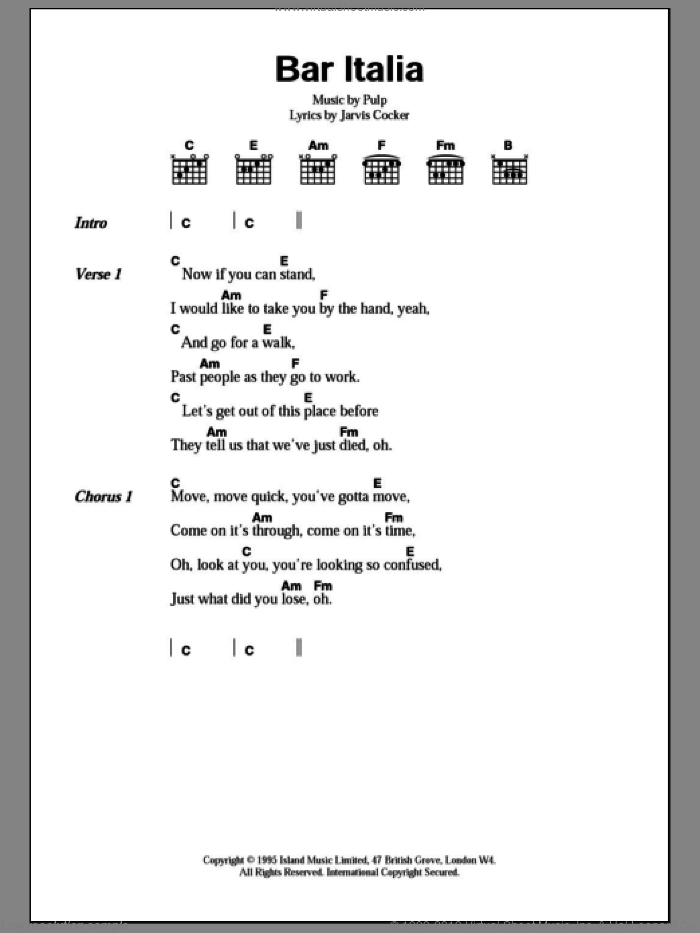 Bar Italia sheet music for guitar (chords) by Pulp and Jarvis Cocker, intermediate skill level