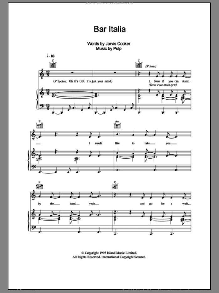 Bar Italia sheet music for voice, piano or guitar by Pulp and Jarvis Cocker, intermediate skill level