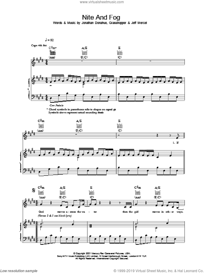 Nite And Fog sheet music for voice, piano or guitar by Mercury Rev and Jonathan Donahue, intermediate skill level