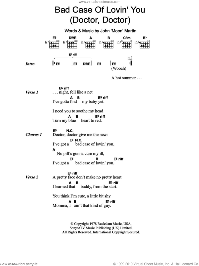 Bad Case Of Lovin' You (Doctor, Doctor) sheet music for guitar (chords) by Robert Palmer and John Moon Martin, intermediate skill level