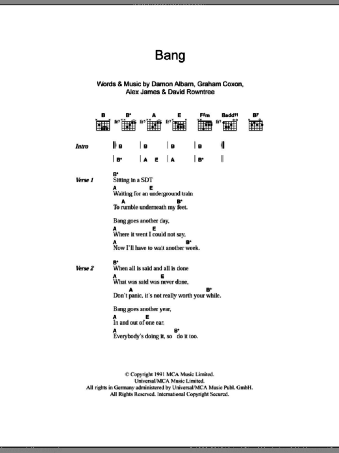Bang sheet music for guitar (chords) by Blur, Alex James, Damon Albarn, David Rowntree and Graham Coxon, intermediate skill level