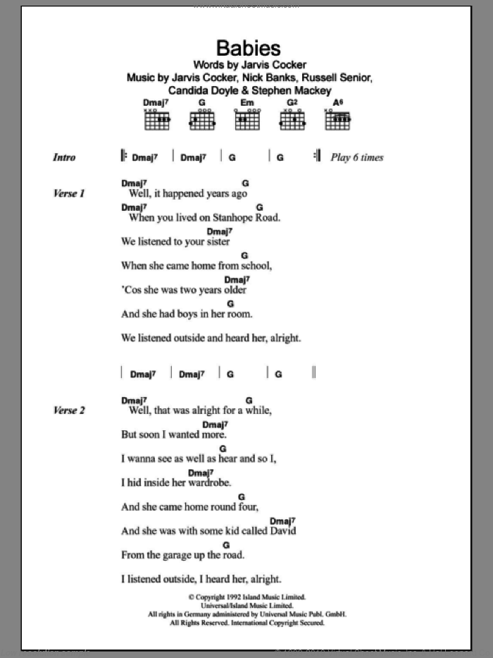 Babies sheet music for guitar (chords) by Pulp, Candida Doyle, Jarvis Cocker, Nick Banks, Russell Senior and Stephen Mackey, intermediate skill level