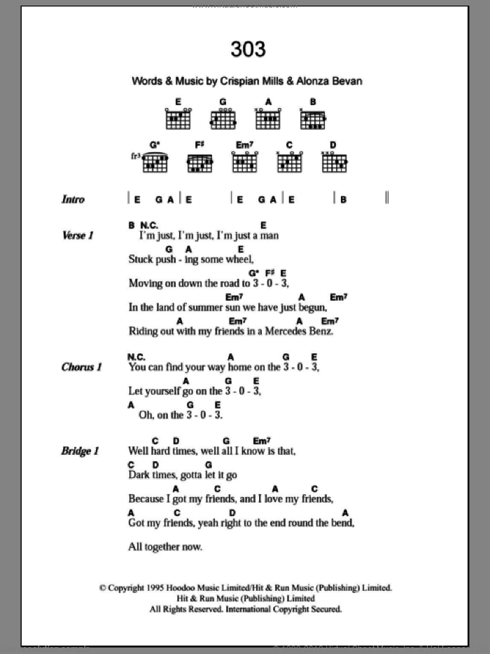 303 sheet music for guitar (chords) by Kula Shaker, Alonza Bevan and Crispian Mills, intermediate skill level