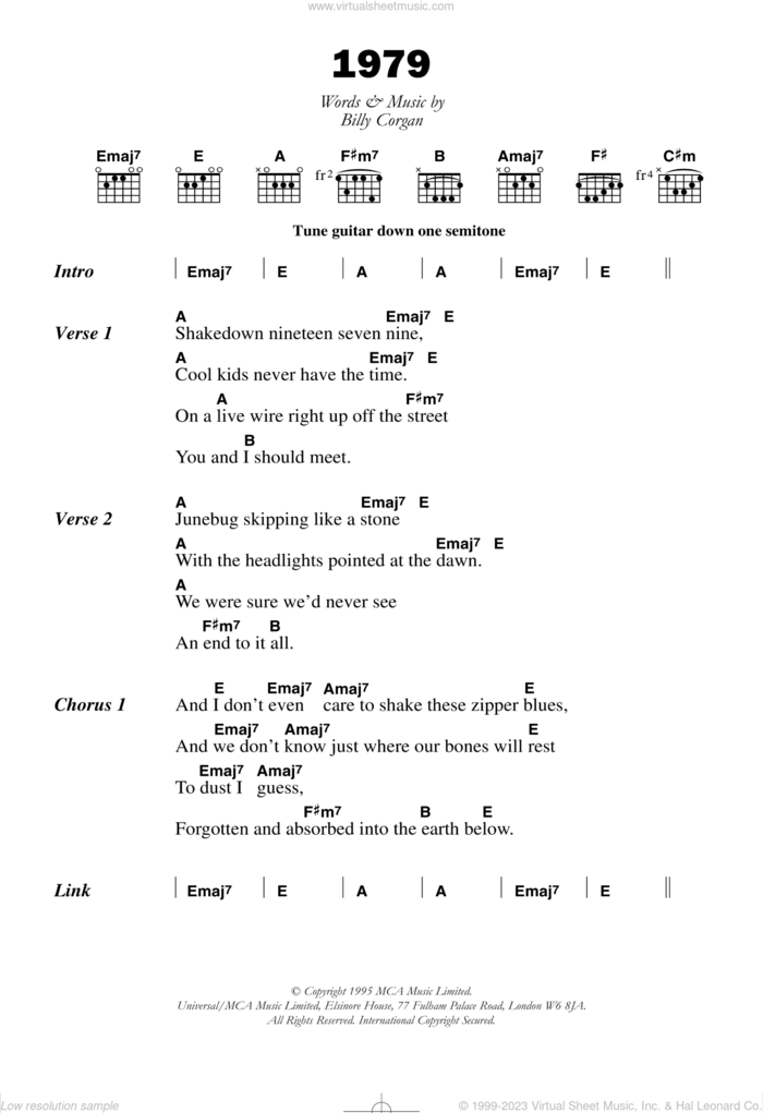 1979 sheet music for guitar (chords) by The Smashing Pumpkins and Billy Corgan, intermediate skill level