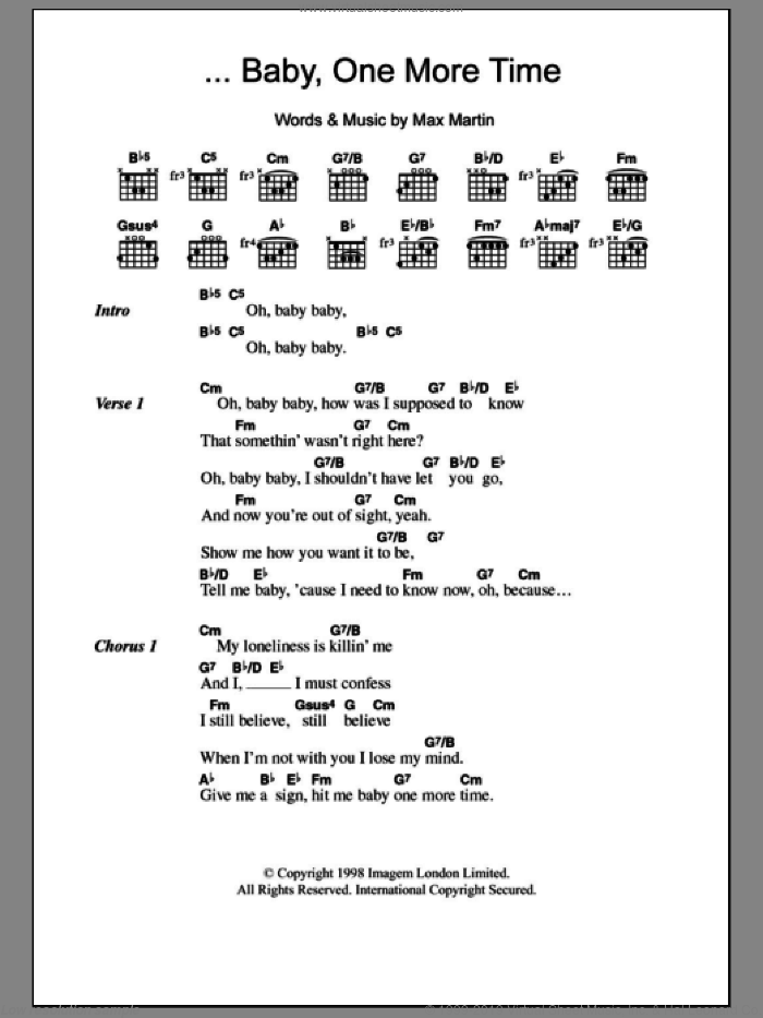 ...Baby One More Time sheet music for guitar (chords) by Britney Spears and Max Martin, intermediate skill level