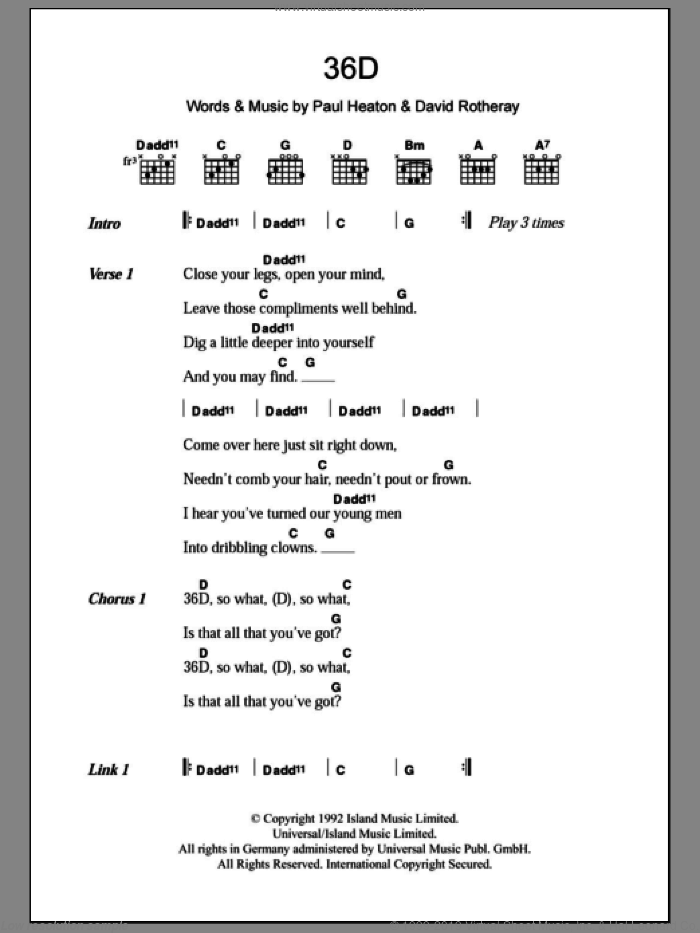 36D sheet music for guitar (chords) by The Beautiful South, David Rotheray and Paul Heaton, intermediate skill level