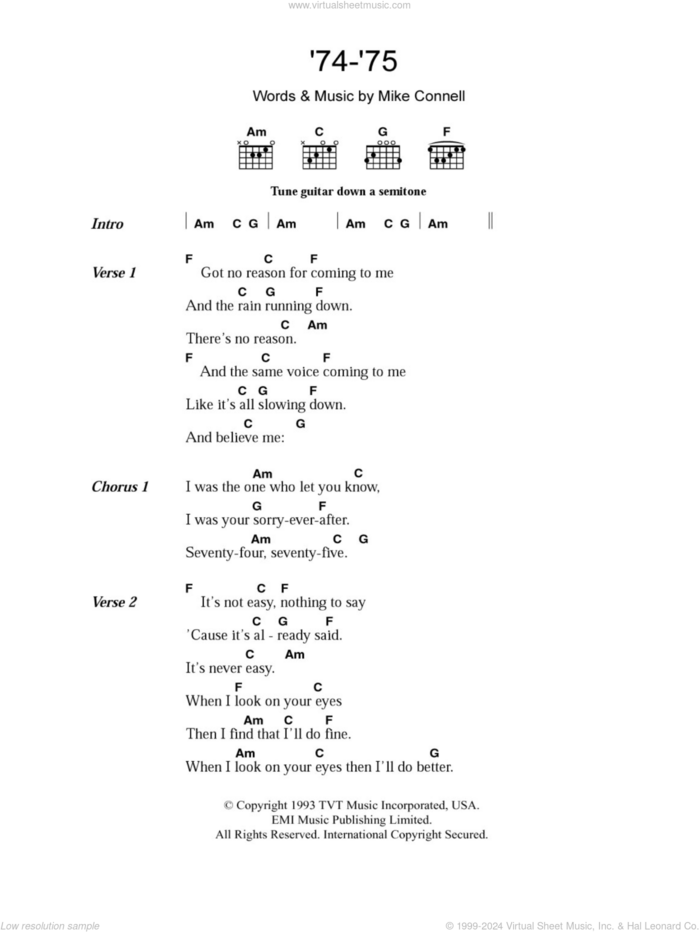 '74-'75 sheet music for guitar (chords) by The Connells and Mike Connell, intermediate skill level