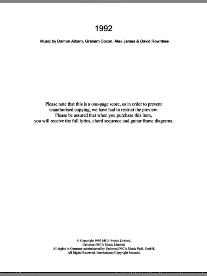 1992 sheet music for guitar (chords) by Blur, Alex James, Damon Albarn, David Rowntree and Graham Coxon, intermediate skill level
