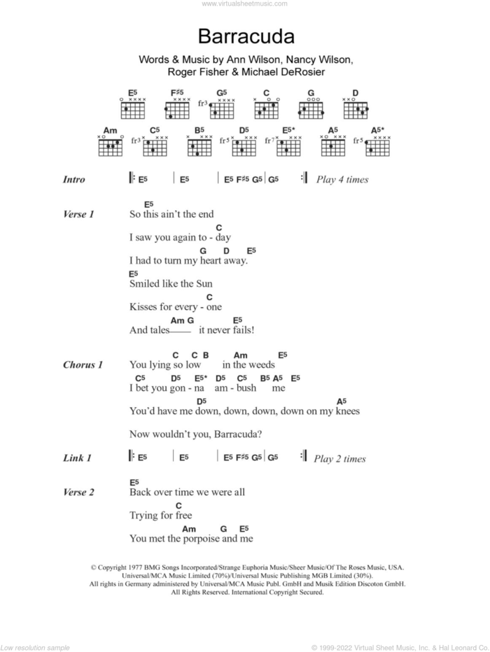 Barracuda sheet music for guitar (chords) by Heart, Ann Wilson, Michael Derosier, Nancy Wilson and Roger Fisher, intermediate skill level