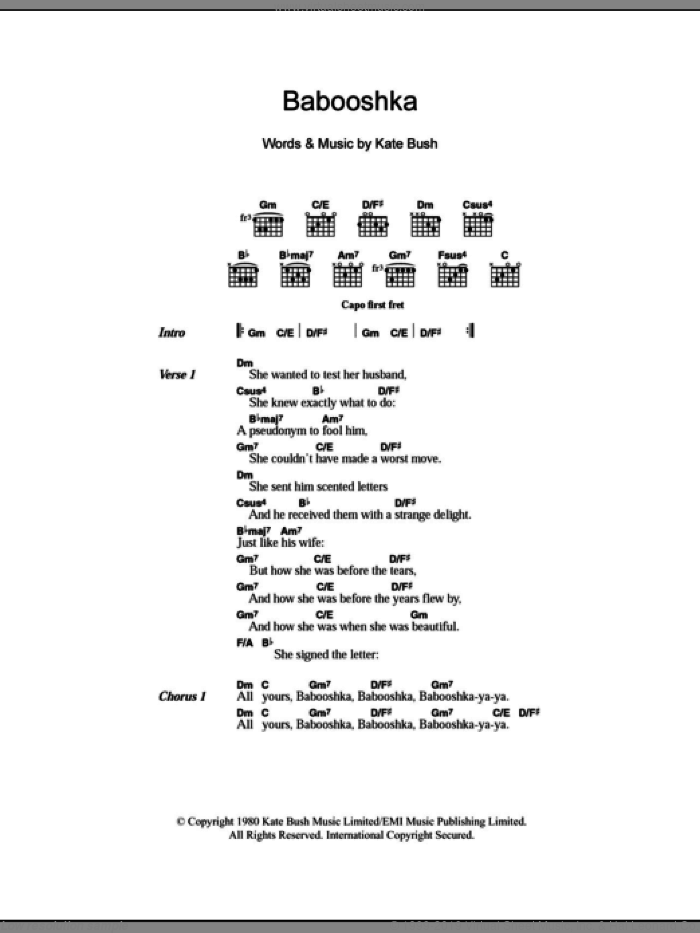 Babooshka sheet music for guitar (chords) by Kate Bush, intermediate skill level