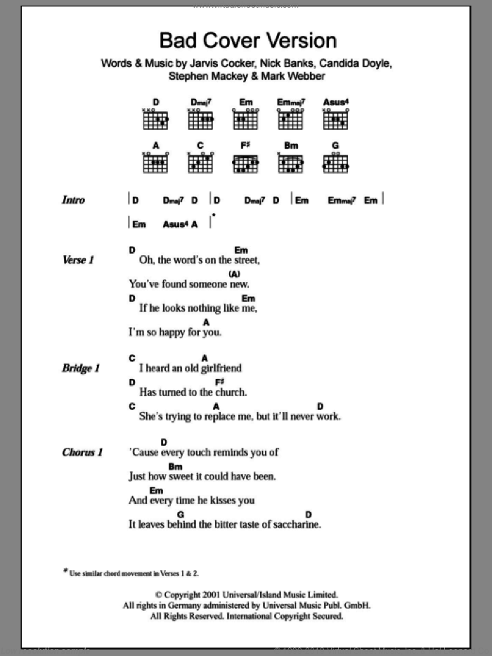 Bad Cover Version sheet music for guitar (chords) by Pulp, Candida Doyle, Jarvis Cocker, Mark Webber, Nick Banks and Stephen Mackey, intermediate skill level